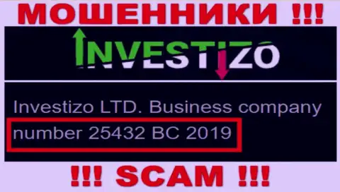 Инвестицо Лтд интернет шулеров Investizo Com было зарегистрировано под вот этим номером регистрации - 25432 BC 2019