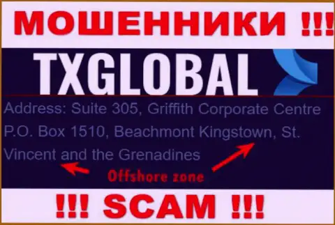 С аферистом TXGlobal Com опасно взаимодействовать, ведь они расположены в оффшоре: St. Vincent and the Grenadines
