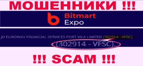 302914 - VFSC - регистрационный номер BitmartExpo Com, который приведен на официальном сайте конторы