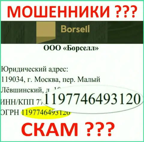 Номер регистрации преступно действующей конторы Borsell - 1197746493120