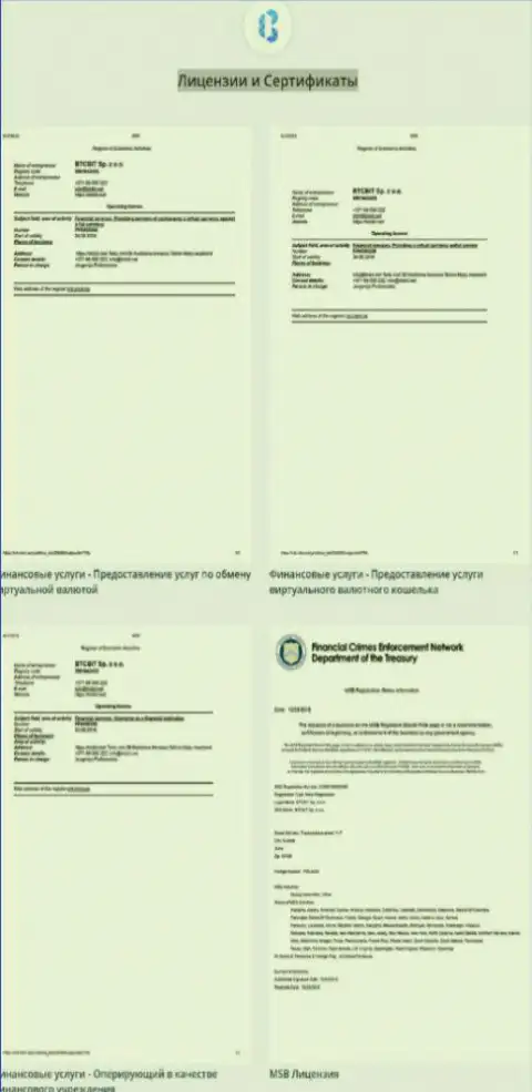 Лицензионные документы, а также сертификаты online-обменки БТЦБит