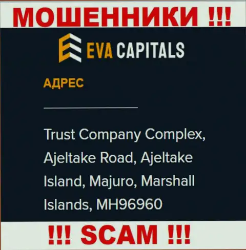 На сайте Eva Capitals размещен оффшорный адрес организации - Trust Company Complex, Ajeltake Road, Ajeltake Island, Majuro, Marshall Islands, MH96960, осторожно - это мошенники