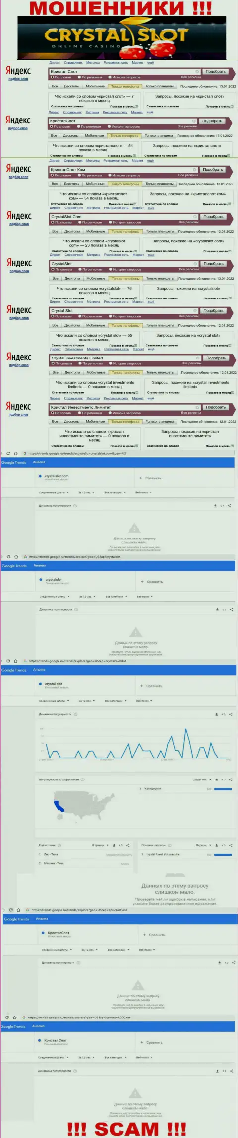 Количество online-запросов в поисковиках всемирной сети Интернет по бренду мошенников Crystal Slot