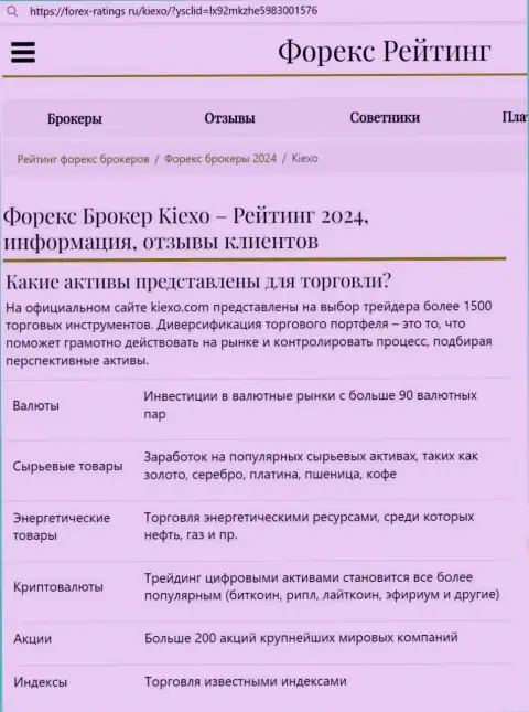 Перечень финансовых продуктов от дилера Kiexo Com в обзорной публикации на интернет сервисе Форекс Рейтингс Ру