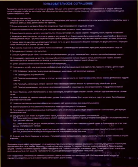 Пользовательское соглашение Зиннейра Ком, предоставленное на интернет-ресурсе брокерской организации