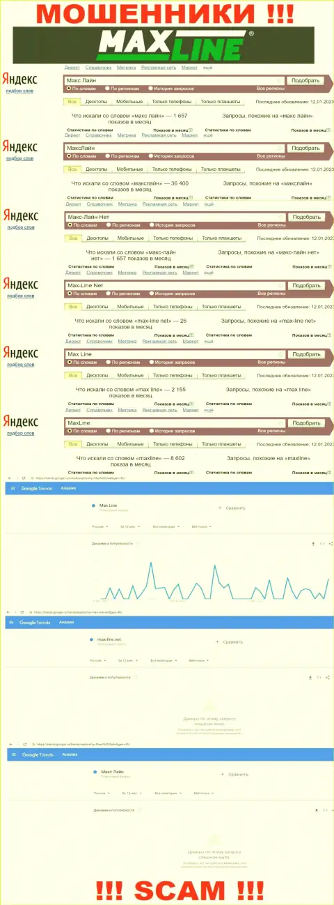 Количество поисковых запросов во всемирной паутине по бренду аферистов МаксЛайн
