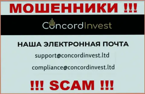 Отправить письмо мошенникам ConcordInvest можно им на электронную почту, которая была найдена у них на портале